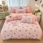 ensemble literie rose gingham nœuds frangés doux girly enfant taies oreiller couverture