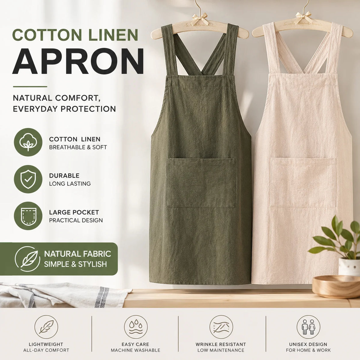 tablier crêpe vert foncé gris bleu marine simple poche avant croisé arrière résistant coton