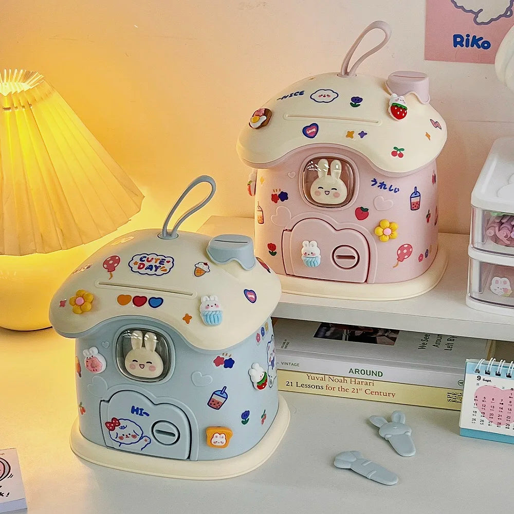 jouet maison banque rose bleu lapins ballons fruits cartoon enfant porte fenetre poignée cute