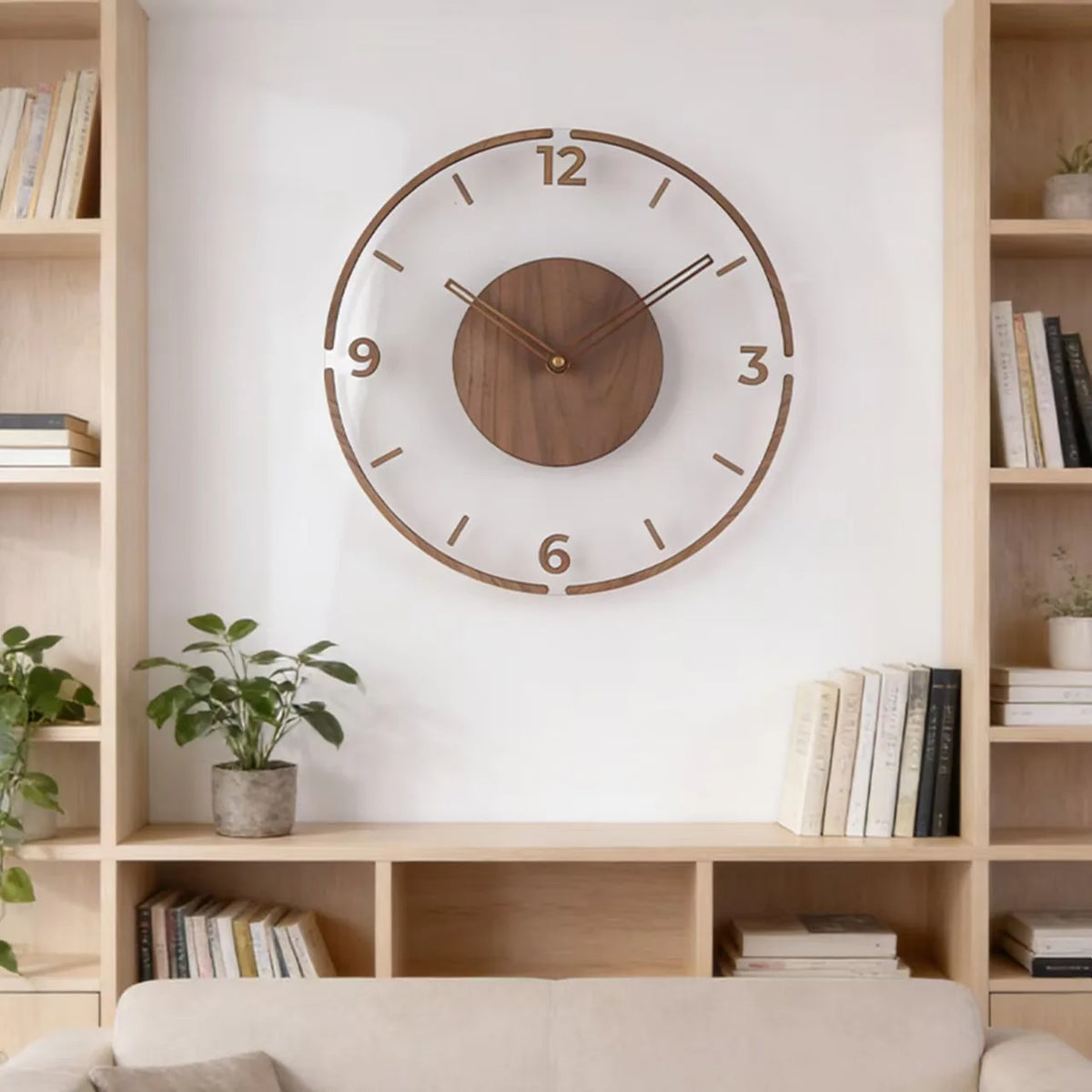 horloge murale moderne bois clair numéros blancs texture 3D acrylique diamètre 35cm fixations inclusées