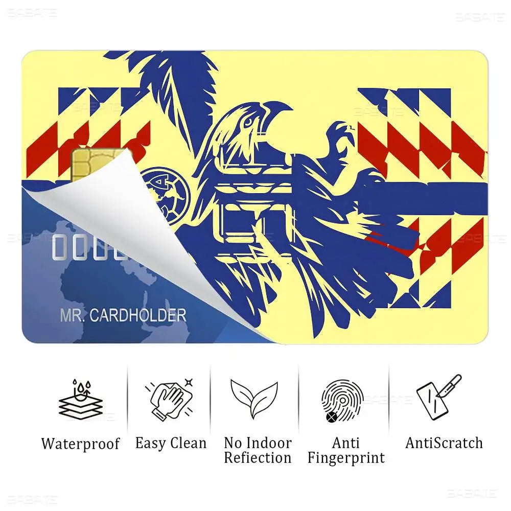 sticker autocollant cartes bancaires club américa dessin animé oiseau stylisé waterproof réutilisable bleu jaune