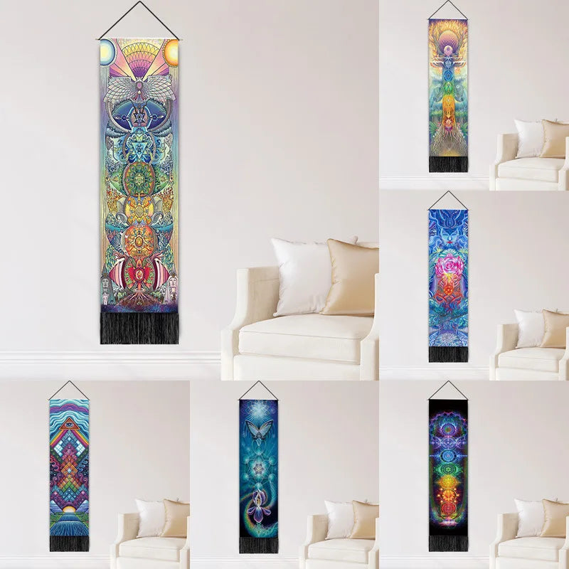 tapisserie abstraite multicolore fantaisiste motifs floraux géométriques crochets franges noires décoration murale