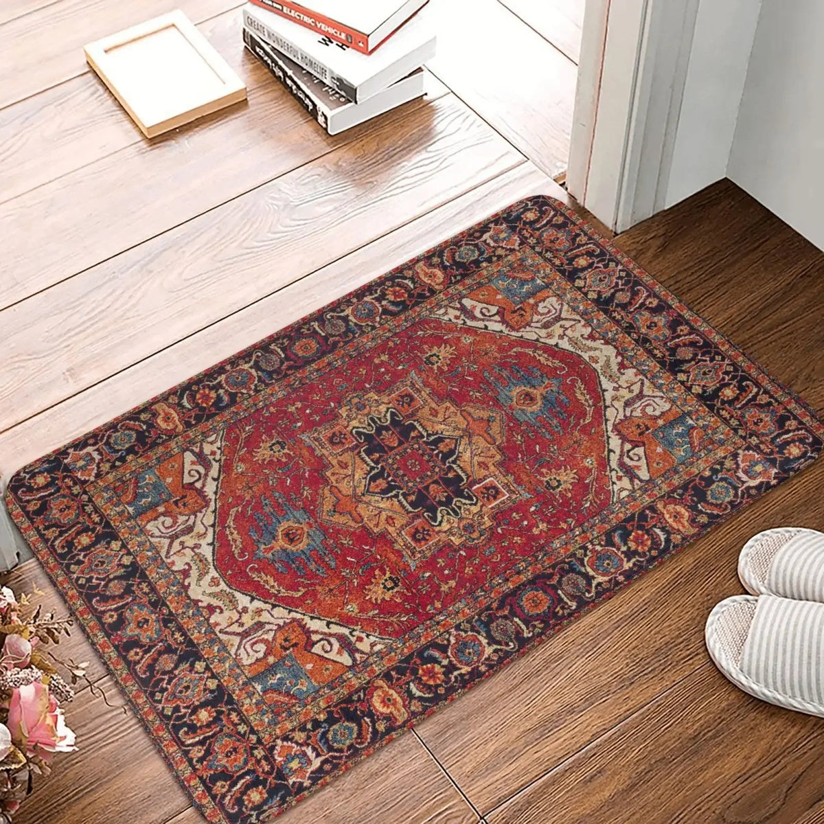 tapis ethnique traditionnel rouge bleu beige antidérapant intérieur extérieur doux porte sol cuisine
