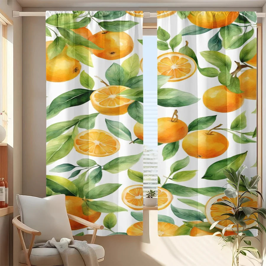 rideau moderne oranges feuilles vertes blanc translucide polyester 60x150cm 75x166cm 105x230cm 130x210cm