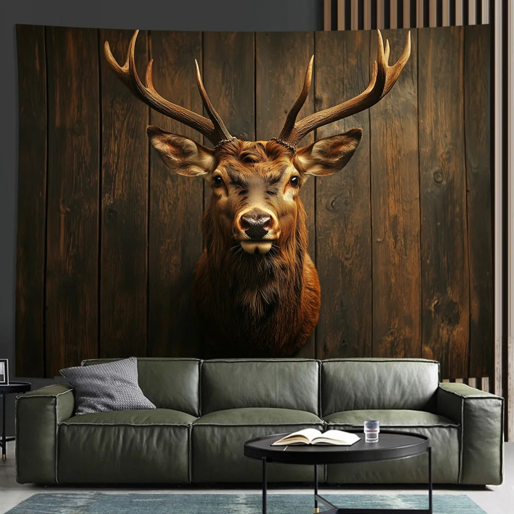 tapisserie tête cerf marron réaliste animaux décoration murale polyester jacquard 150x200cm 150x230cm 180x280cm