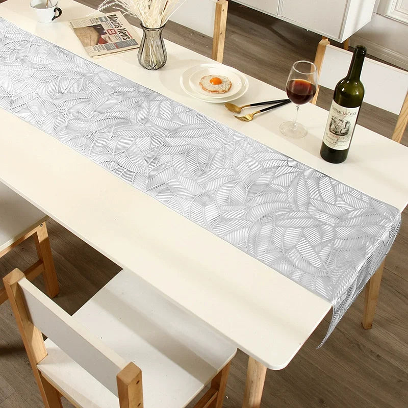 table chevet moderne chemin table motifs végétaux feuilles or blanc semi transparent