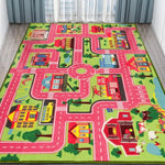 tapis urbain enfant voitures routes arbres polyester polypropylène moderne vert jaune rouge noir 160cm