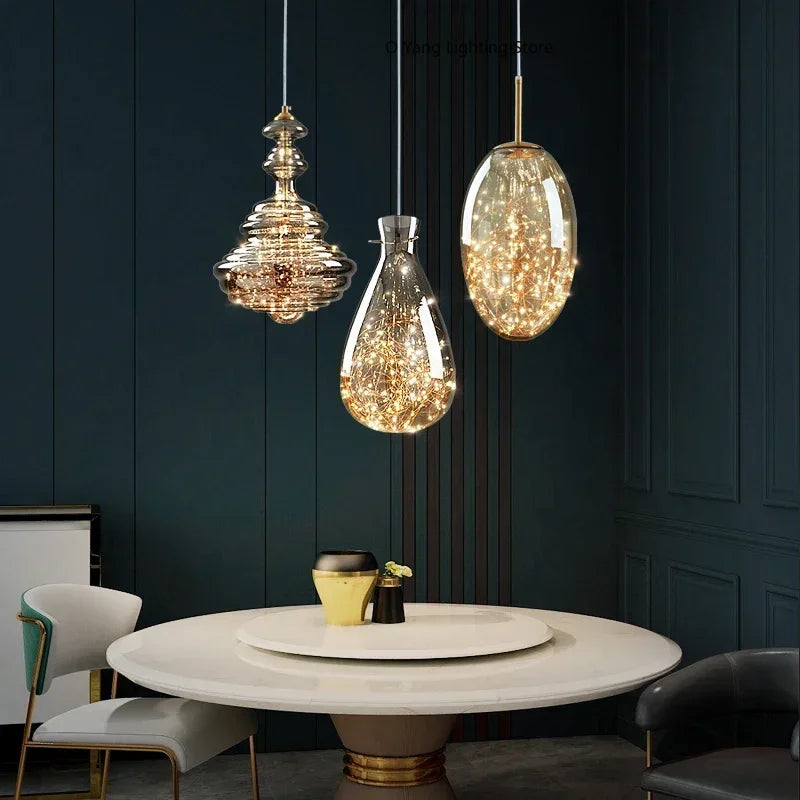 suspension lumineuse moderne transparente dorées câble suspendu élégante led trois couleurs chambre principale