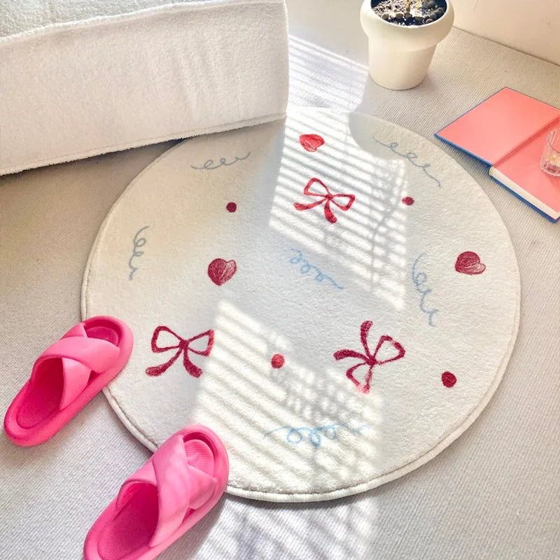 tapis rond blanc rose rouge bleu motif coeurs rubans lignes ondulées floral chambre salon