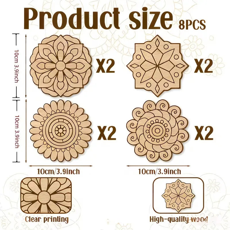 coasters bois non fini mandala multicolore géométrique artisanal décoratif adhésif pièces colorier bricolage