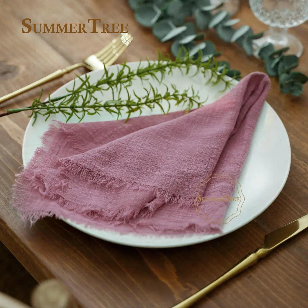 serviette coton beige rose blanc tissage fin bordures frangées rustique naturel