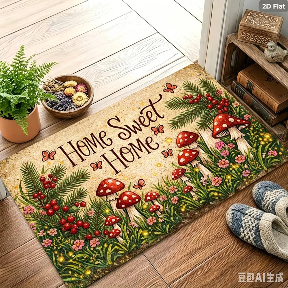 tapis d'entrée moderne multicolore motif champignons fleurs texte Sweet extérieur résistant rides polyester 30x50cm