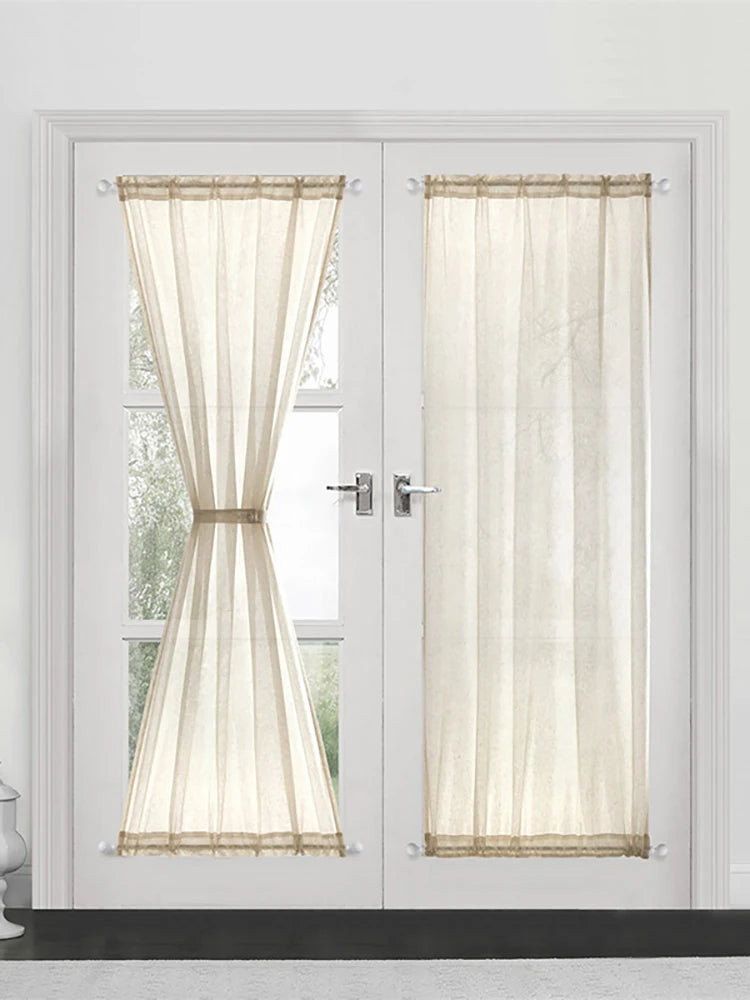 rideaux porte blanc cassé semi transparent texture lin rustique deux panneaux ceinture assortie