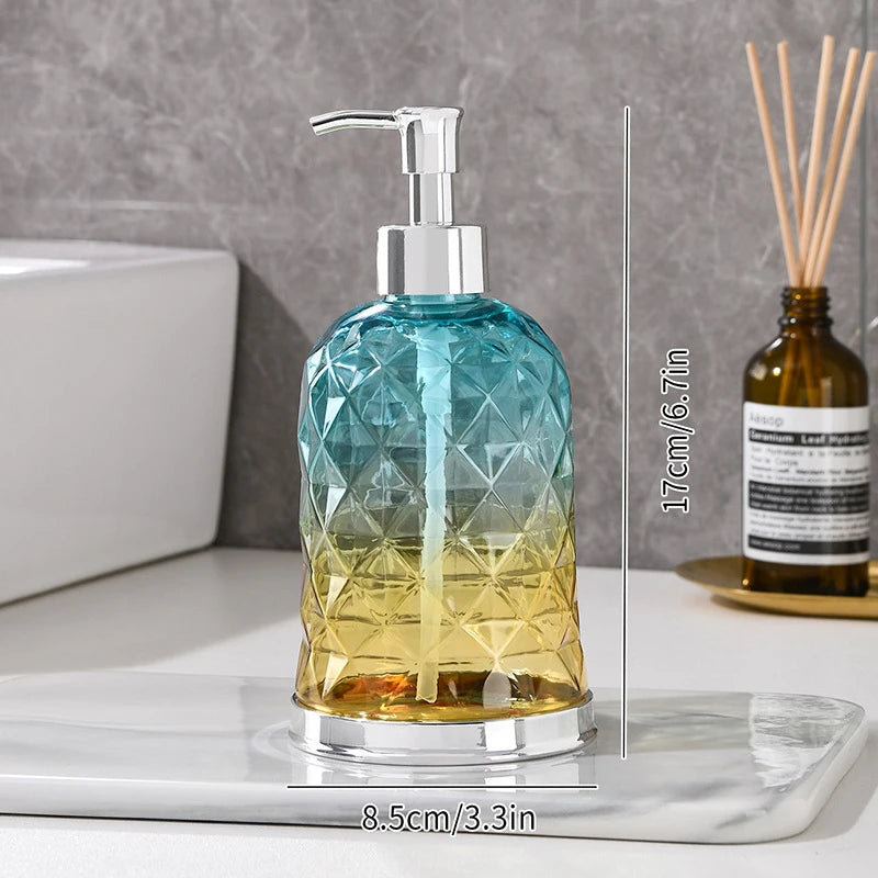 distributeur savon liquide transparent texturé moderne élégant noir bleu rose jaune pompe base dorée