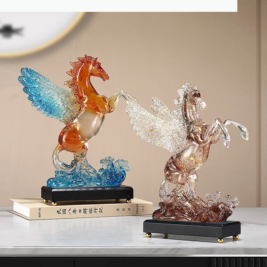 statuette pegase cheval ailé vague transparente bleu orange décoration maison festive