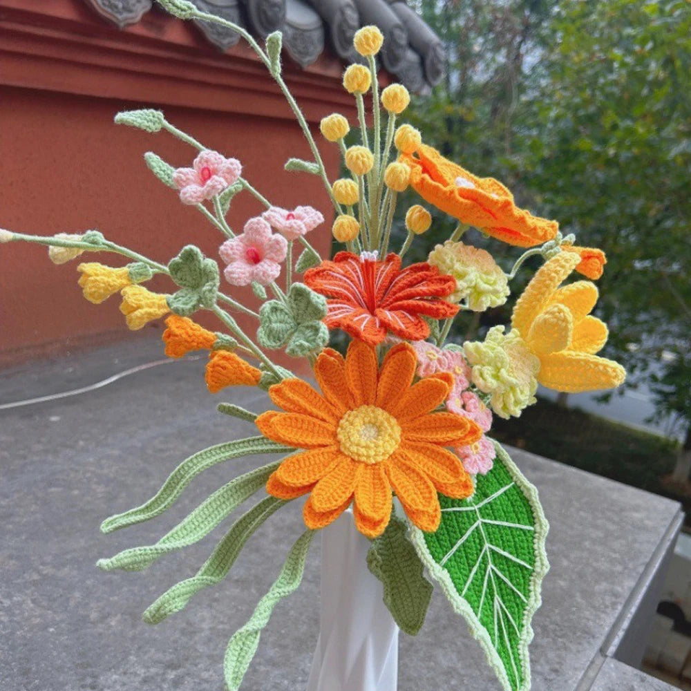 bouquet fleurs tricotées main artisanales décoration maison fleurs artificielles couleurs vives décoratives