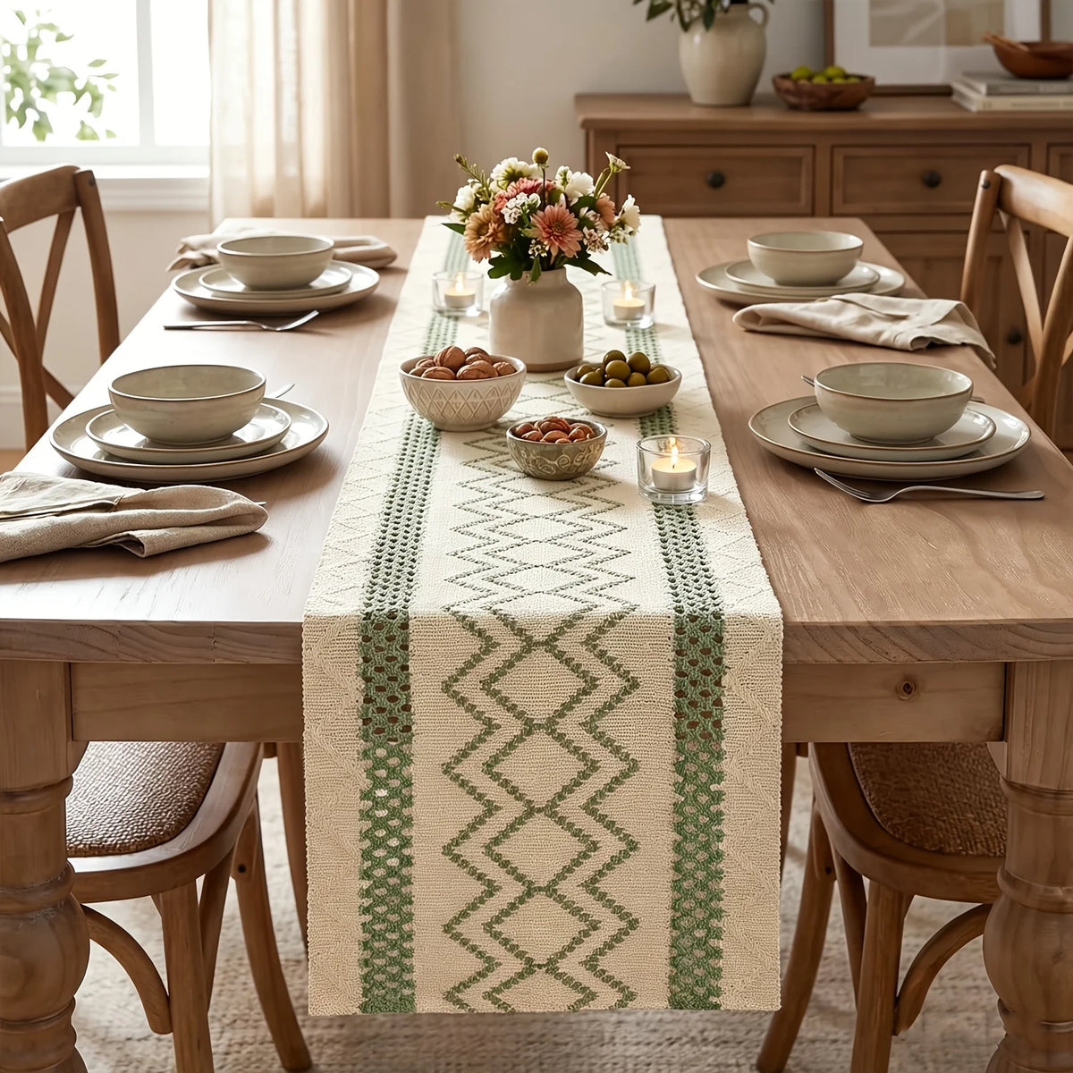 tableau décoratif chemin table zigzag vert fond beige dimension 180cm 33cm traditions fêtes années