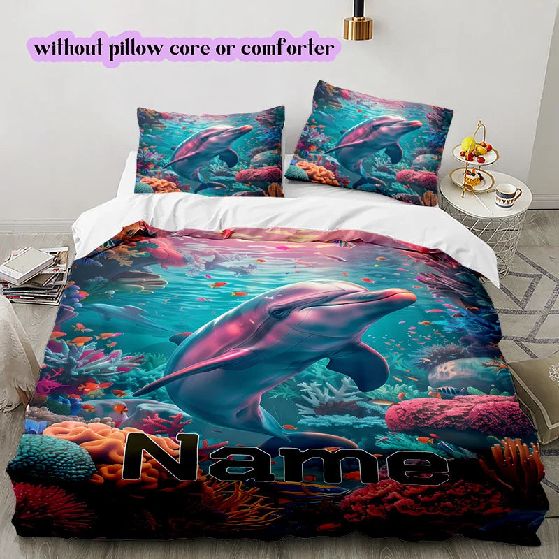 housse couette parure lit imprimée dauphin sous marin multicolore moderne oreillers bleu vert rose