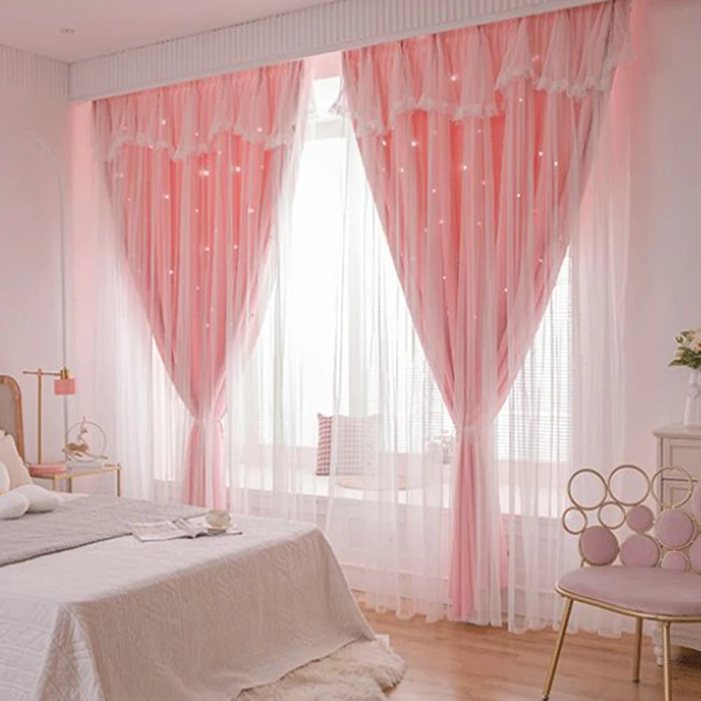 rideau fenêtre rose clair transparent motif étoiles blanches moderne décoratif chambre fille salon maison