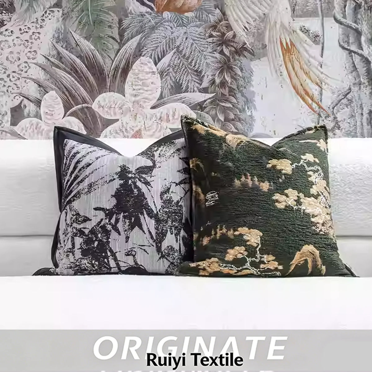 housse coussin carré motif floral vintage vert foncé beige 50x50cm polyester machine lavable écologique