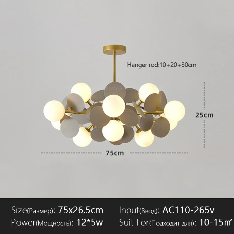 suspension lumineuse moderne multicolore boules translucides branches métalliques led salon chambre