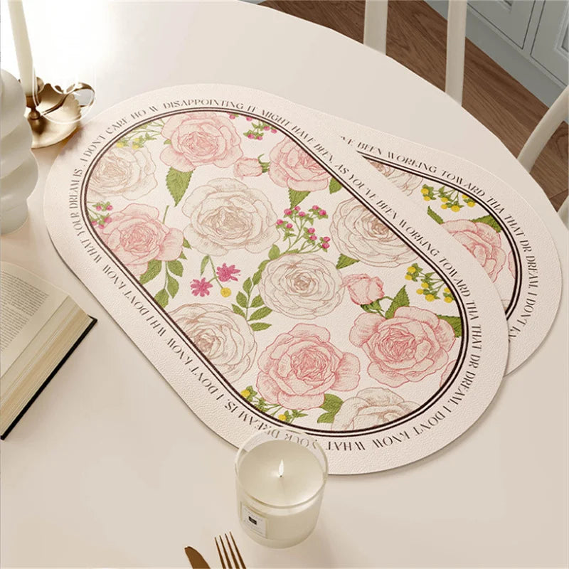tapis table rose fleurs vert feuilles classique romantique PU respectueux environnement 45x30cm