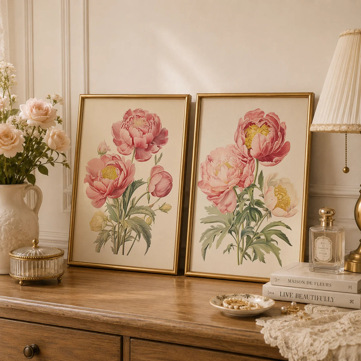 toile imprimée pivoine rose vintage décoration murale chambre salon illustration florale moderne