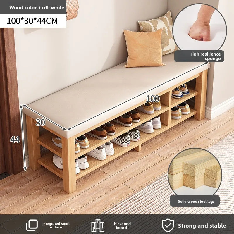 tabouret rangement chaussures bois naturel moderne minimaliste coussin rembourré étagère entrée multifonction adultes seniors