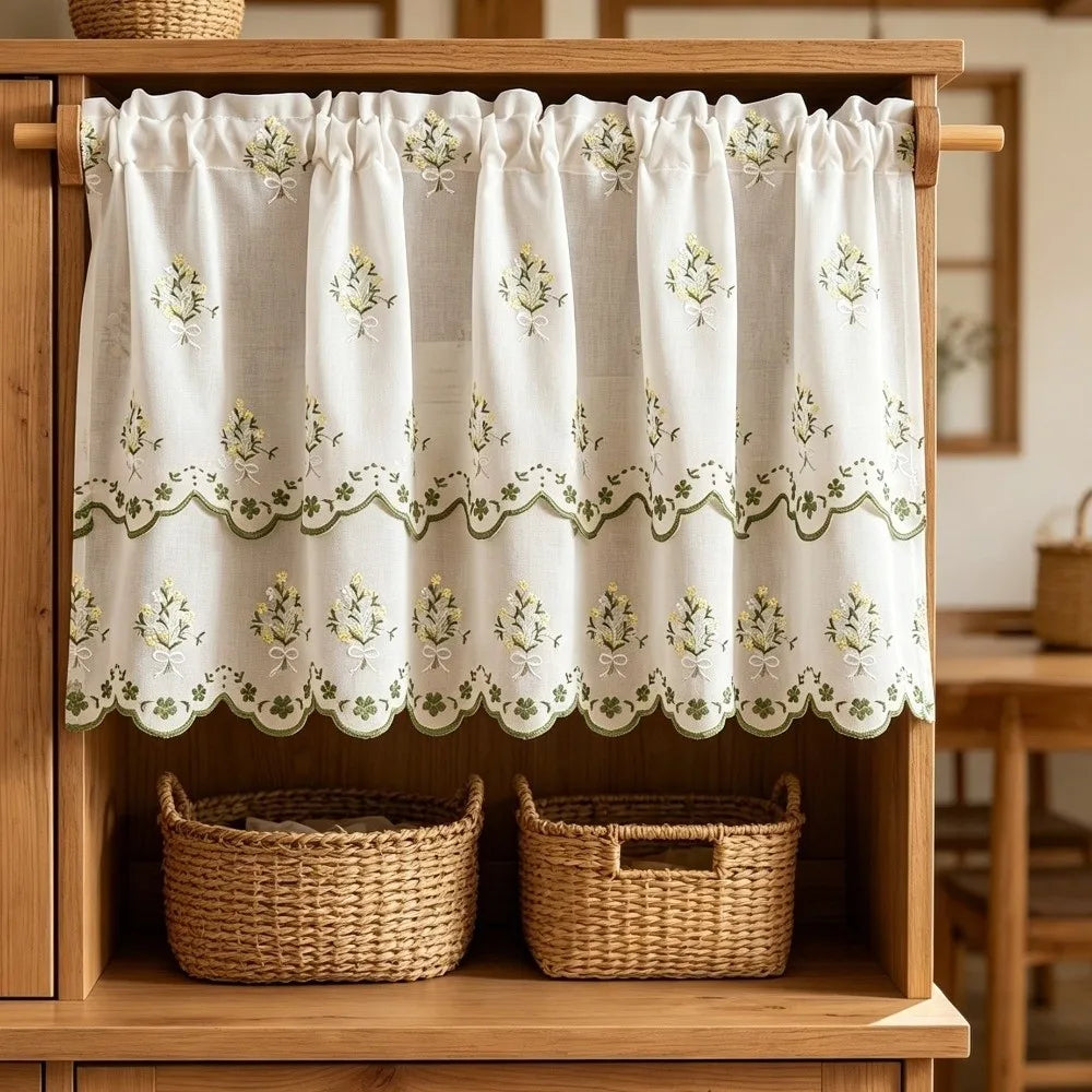 rideau blanc brodé fleurs semi transparent classique anneaux vert rose jaune beige