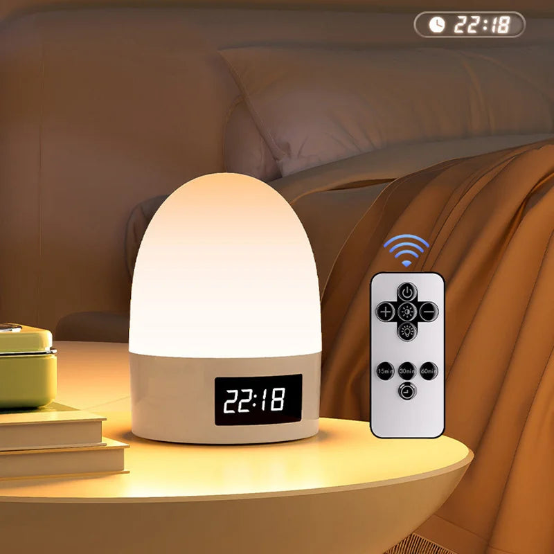 lampe chevet rechargeable led beige blanche ombre douce minimaliste affichage heure télécommande port usb
