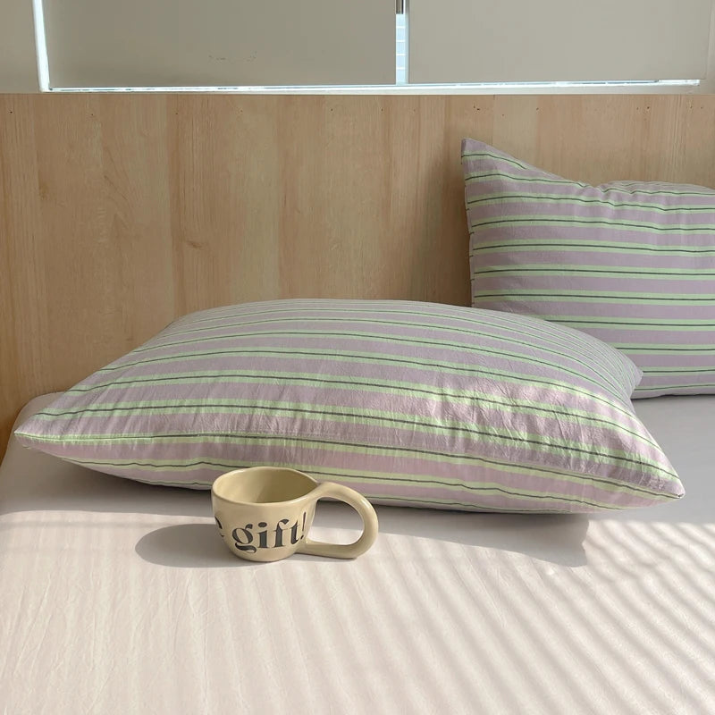 lot taies d'oreiller coton rayures rose clair modernes minimalistes douces lit maison