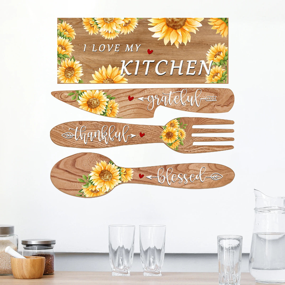décorations murales rustiques tournesol love my kitchen grateful thankful blessed vinyle autoadhésif