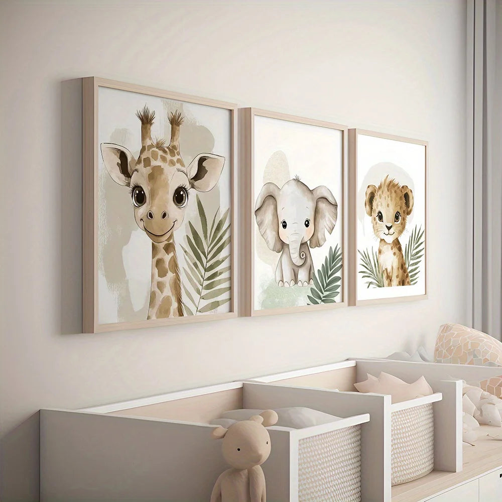 Toile d'art animaux safari illustration girafe éléphant lionceau verte chambre enfant sans cadre 30x45cm
