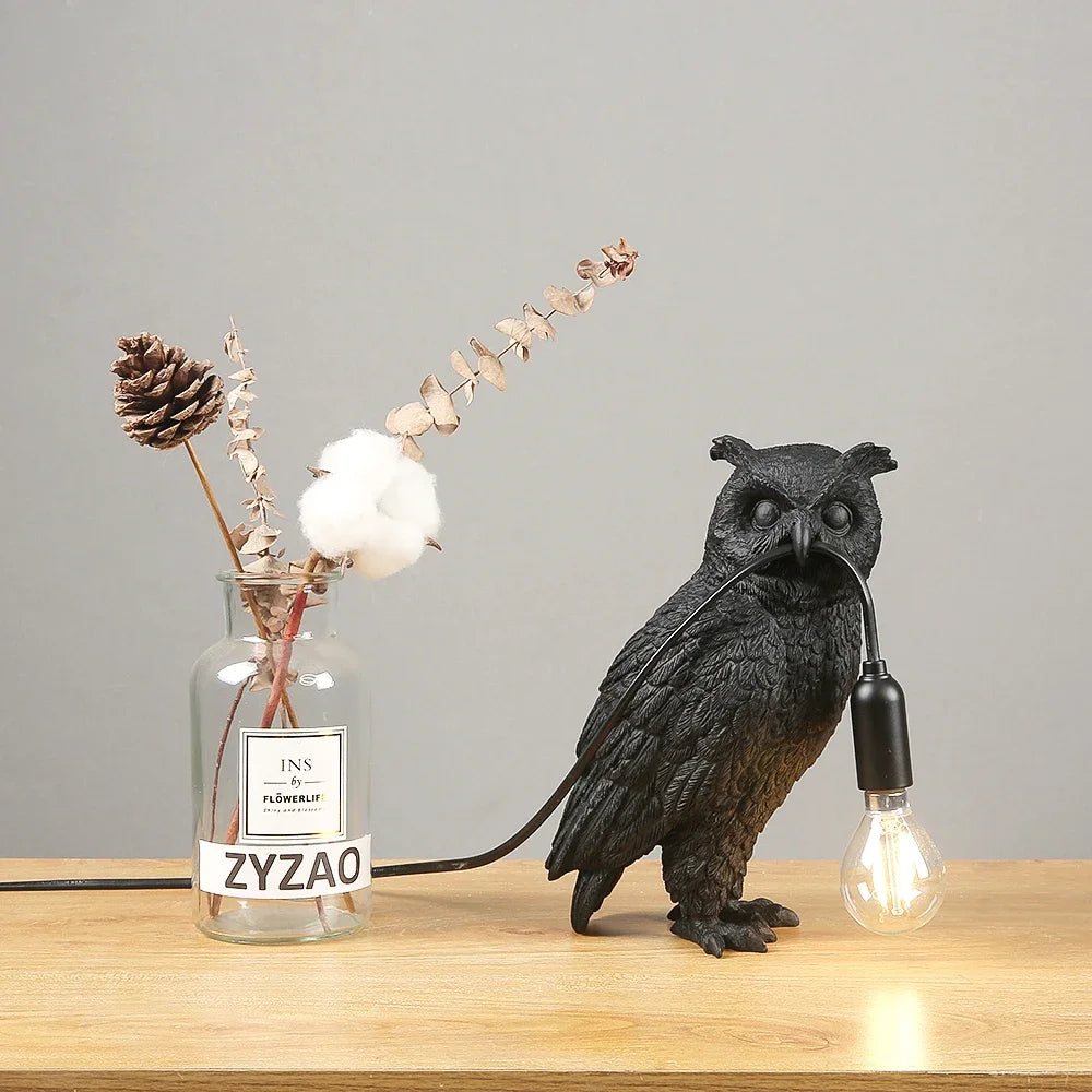 lampe poser oiseau noir plumes modernes naturel chambre coucher ampoule filament câble électrique