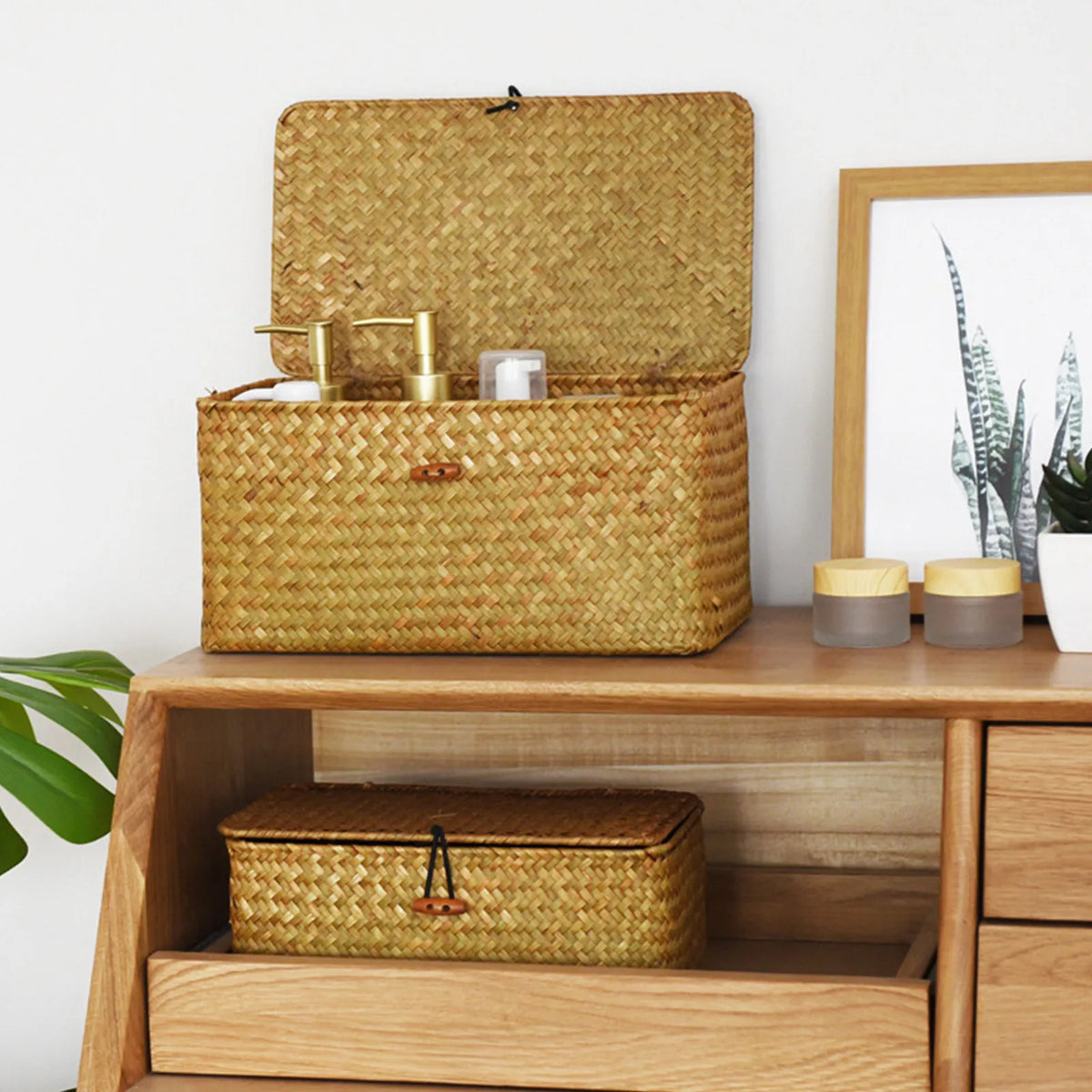 panier rangement bois tressé couvercle vêtements bohème rustique décor maison