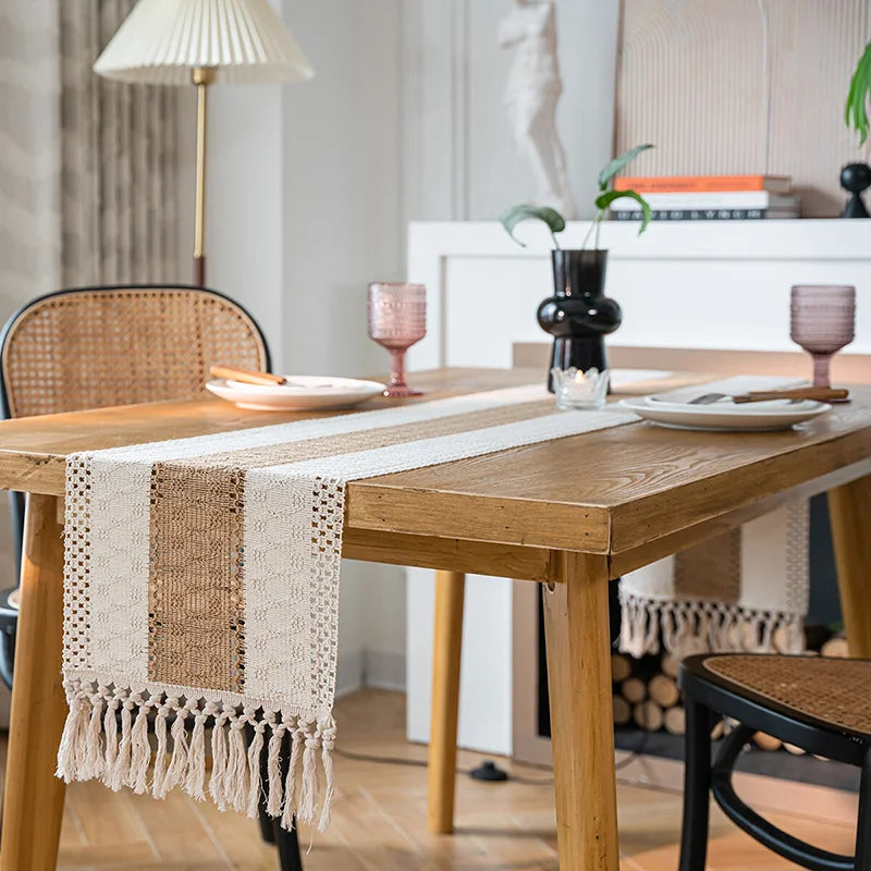 ensembles table boho rustique serviettes lin macramé franges assiettes couverts plateaux