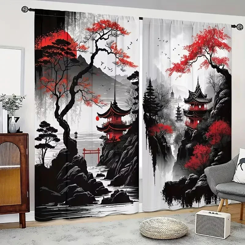 rideaux imprimés paysage oriental 100% polyester noir blanc rouge moderne