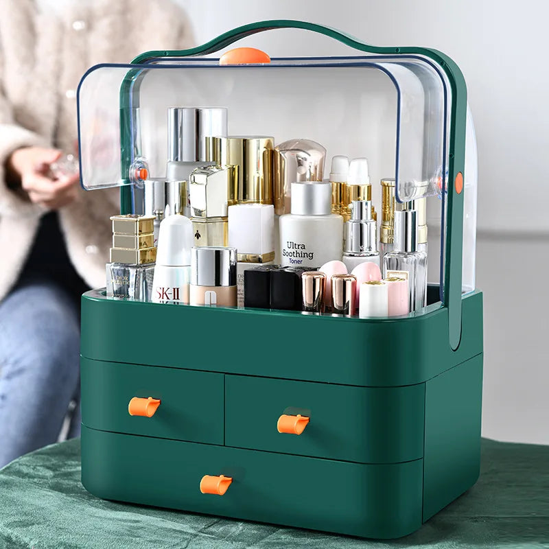 boîte rangement cosmétique moderne vert foncé rose blanc poignées anti poussière organisation maquillage pratique