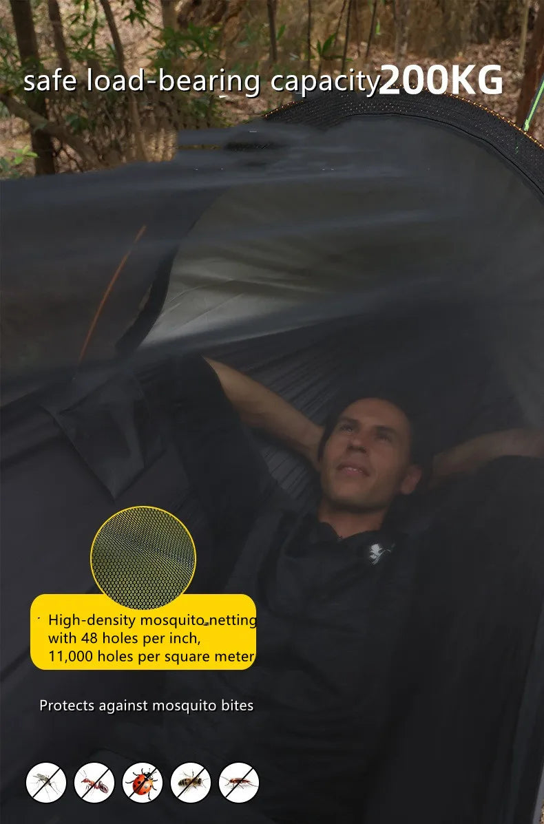 hamac extérieur adulte vert olive noir moderne moustiquaire sac rangement cordon suspension tiges support