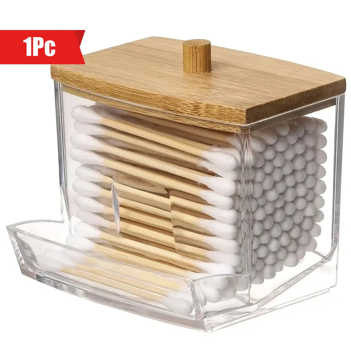 boîte coton tiges transparent couvercle bois moderne minimaliste salle bain rangement organisation naturel