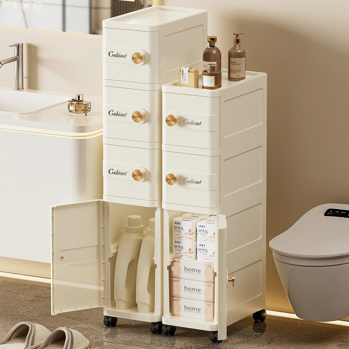 meuble rangement moderne tiroirs portes coulissantes porte pivotante beige clair plat lisse roulettes