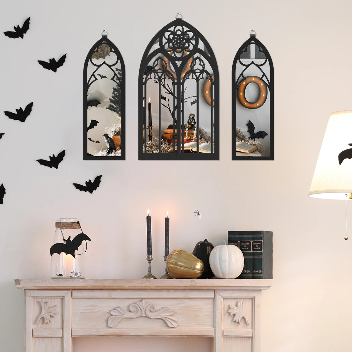 ensembles miroirs gothiques décoratifs noir argentés motifs floraux arches ajourées chambre coucher