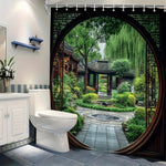 rideau douche asiatique jardin chinois noir vert marron blanc argentés polyester