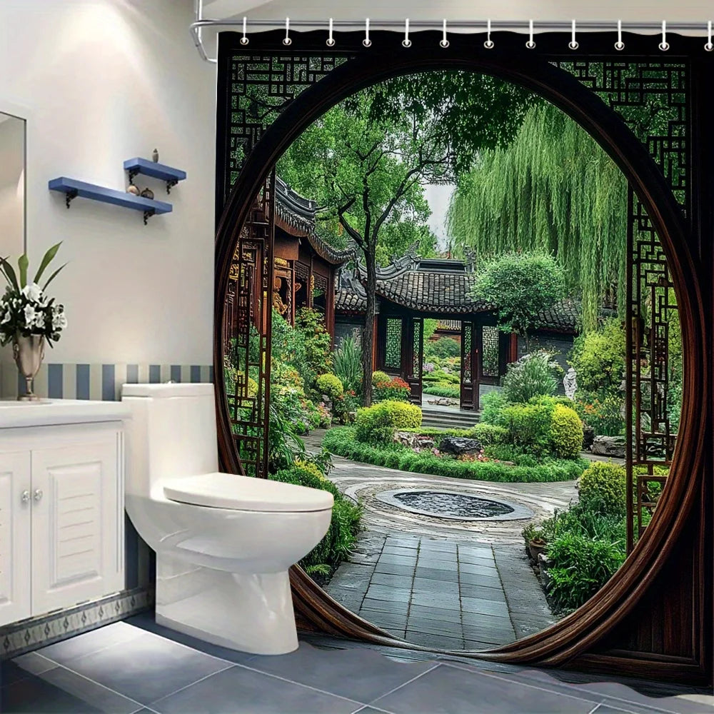 rideau douche asiatique jardin chinois noir vert marron blanc argentés polyester