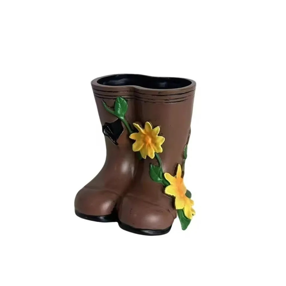 vase forme botte marron imitation cuir rustique arrangement fleuri décoration jardinextérieur