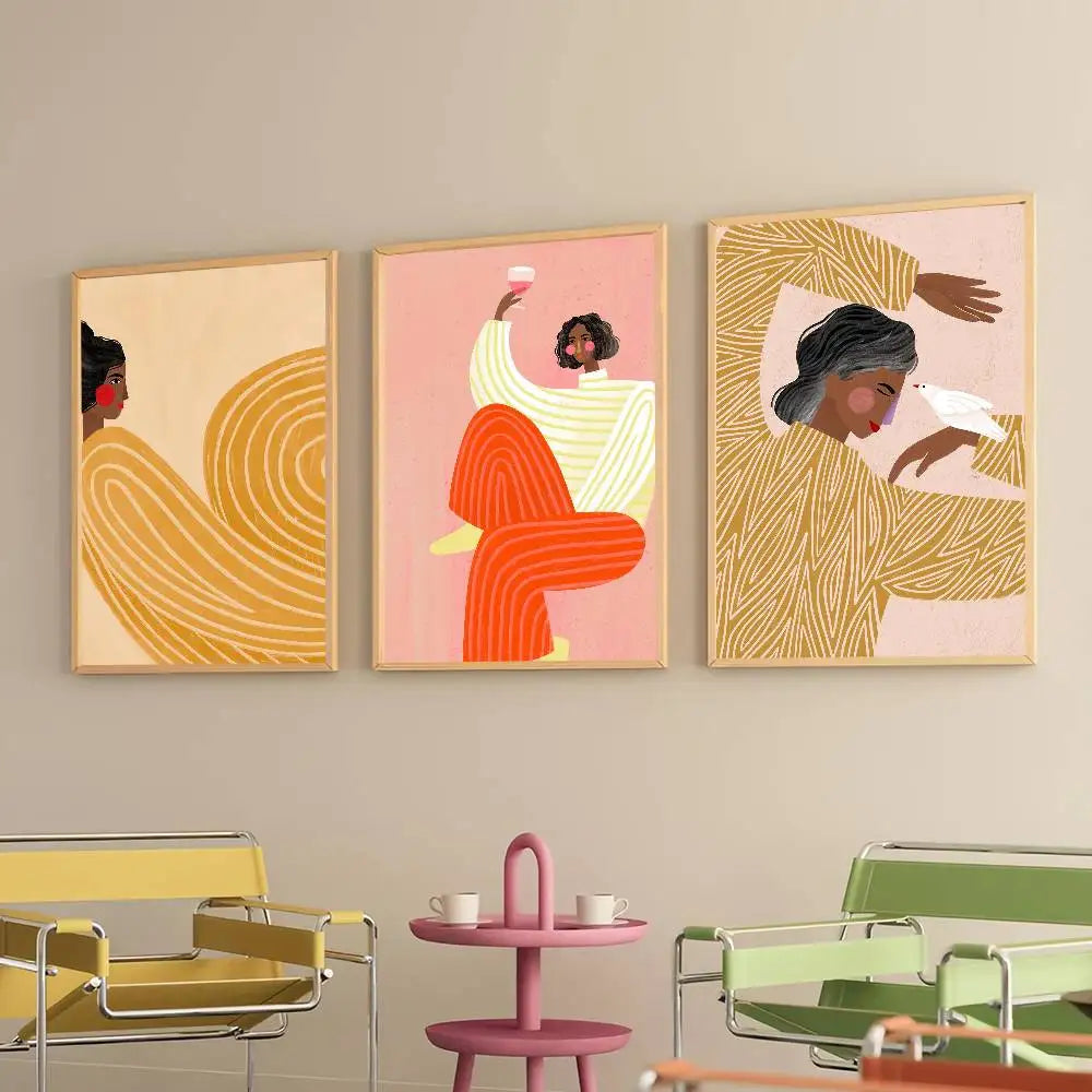 affiches modernes minimalistes abstraites couleurs chaudes lignes ondulées décoration murale salon papier cadre bois