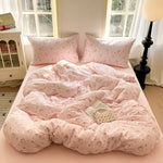parure lit fille housse couette fleurs coeurs doux pastel coton polyester