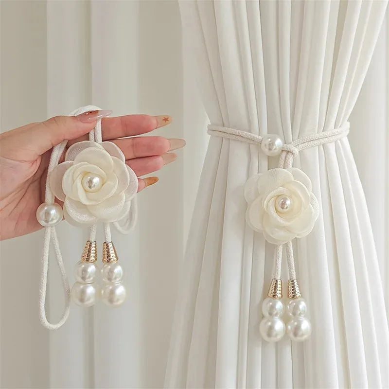 rideaux polonais fleurs relief soie nacrées corde tressée élégant accessoires décoratifs pastel doré