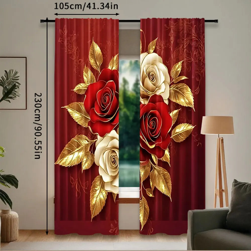 rideau moderne rouge doré roses feuilles polyester opaque deux panneaux