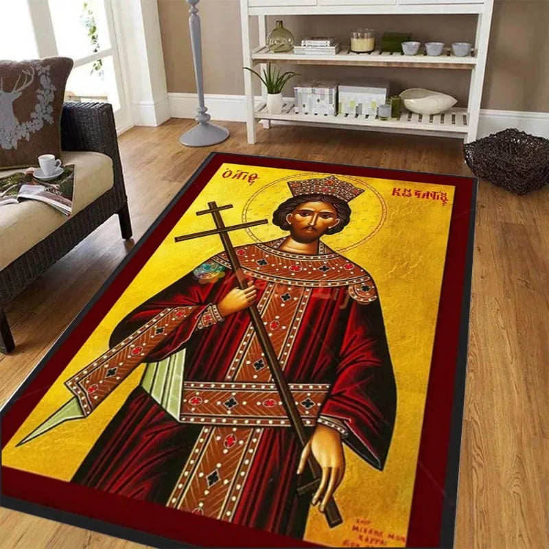 grand tapis salon motif religieux croix couronne rouge doré décor maison traditionnel moderne